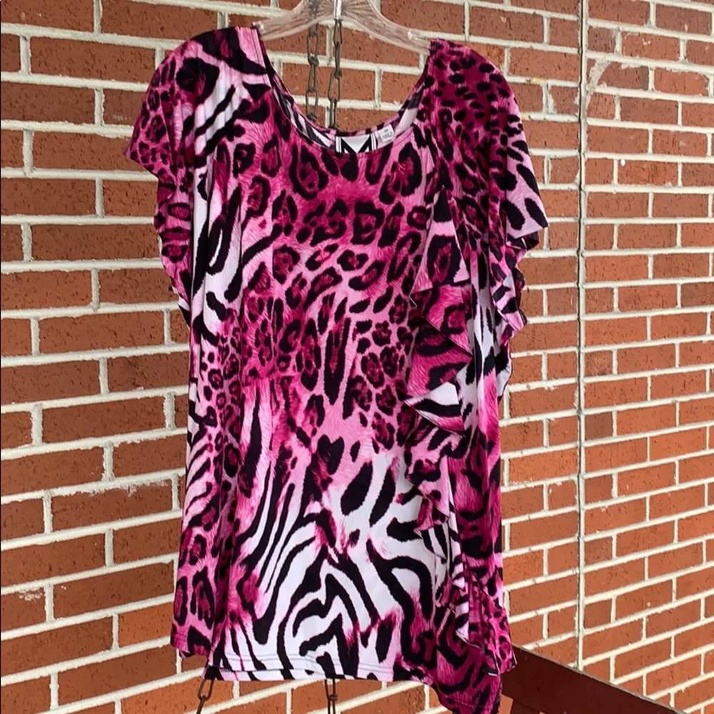 Marc Bouwer 3X Pink Animal Print shirt with ruffle